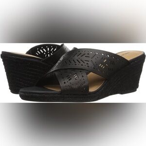 Lucky Brand Black Perforated Leather Wedge Sandals